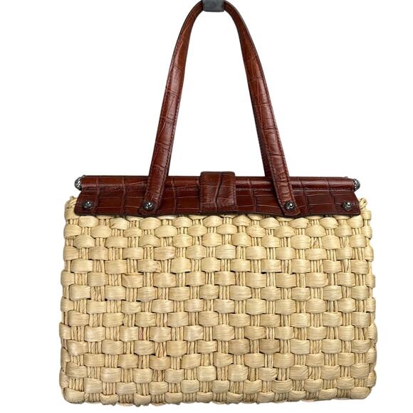 Brighton Woven Jute Leather Handbag Top Open Snap Close Paisley Interior Retired - Picture 2 of 11